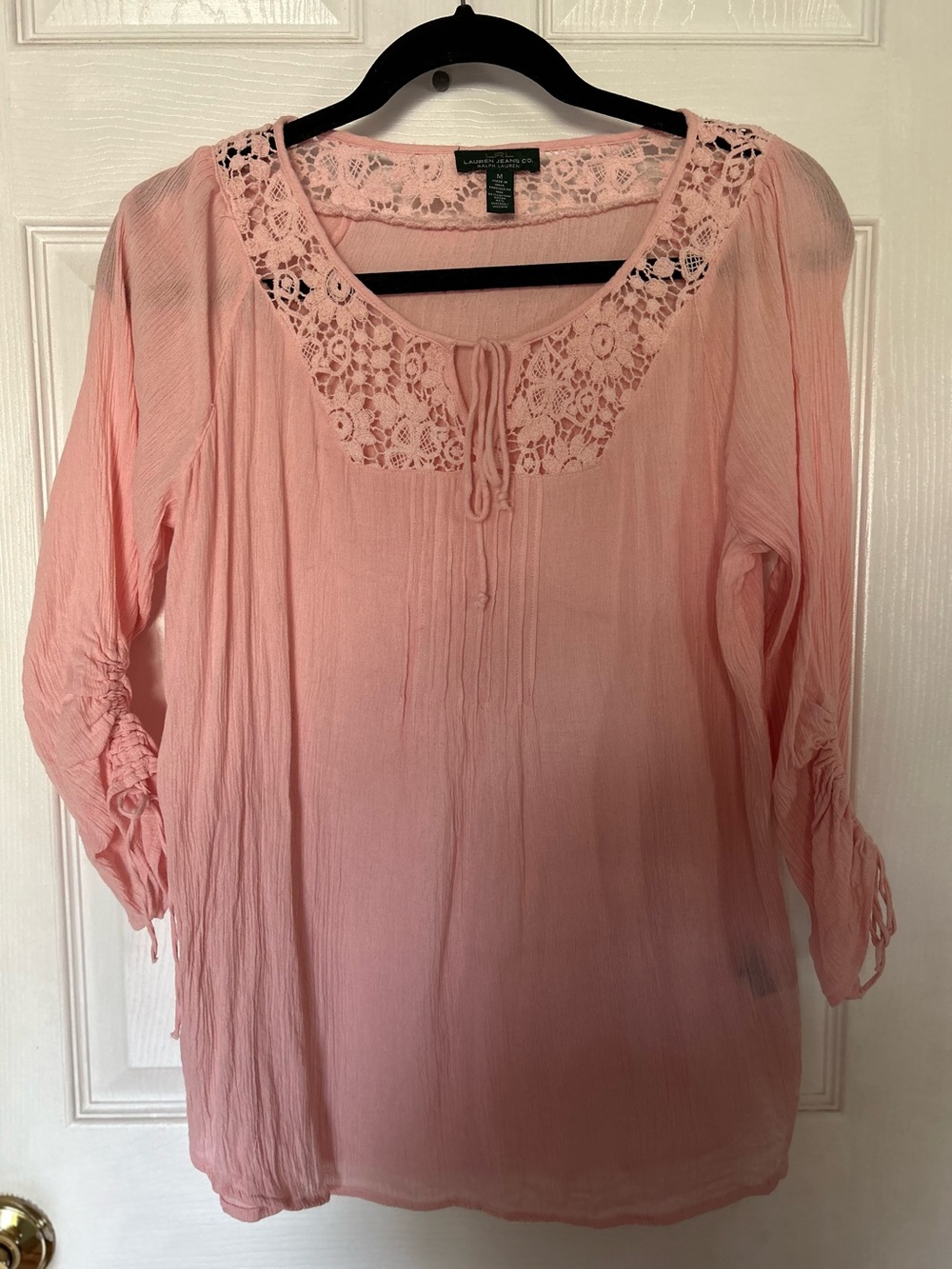 Lauren Jeans Company by Ralph Lauren Pink Lace-Trim Peasant Blouse